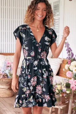 Lizzie Mini Dress - Butterfly Cap Sleeve Button Down Dress with Pockets in Under The Stars Print><noscript><img width=