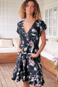 Lizzie Mini Dress - Butterfly Cap Sleeve Button Down Dress with Pockets in Under The Stars Print><noscript><img width=