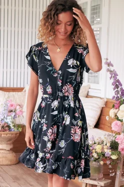 Lizzie Mini Dress - Butterfly Cap Sleeve Button Down Dress with Pockets in Under The Stars Print><noscript><img width=