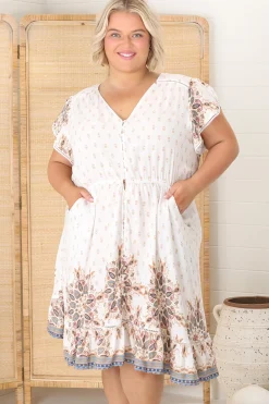 Lizzie Mini Dress - Butterfly Cap Sleeve Button Down Dress with Pockets in Gemstone Print>Jaase New