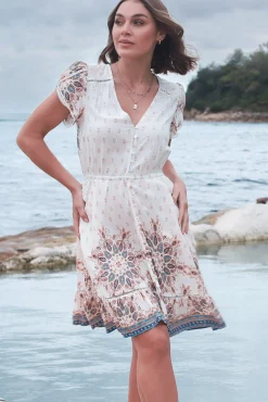 Lizzie Mini Dress - Butterfly Cap Sleeve Button Down Dress with Pockets in Gemstone Print><noscript><img width=