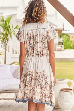 Lizzie Mini Dress - Butterfly Cap Sleeve Button Down Dress with Pockets in Gemstone Print><noscript><img width=