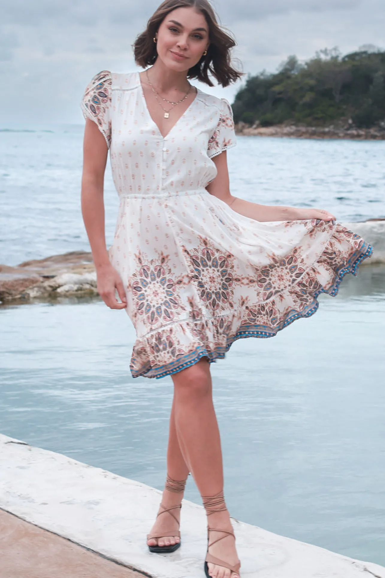 Lizzie Mini Dress - Butterfly Cap Sleeve Button Down Dress with Pockets in Gemstone Print>Jaase New