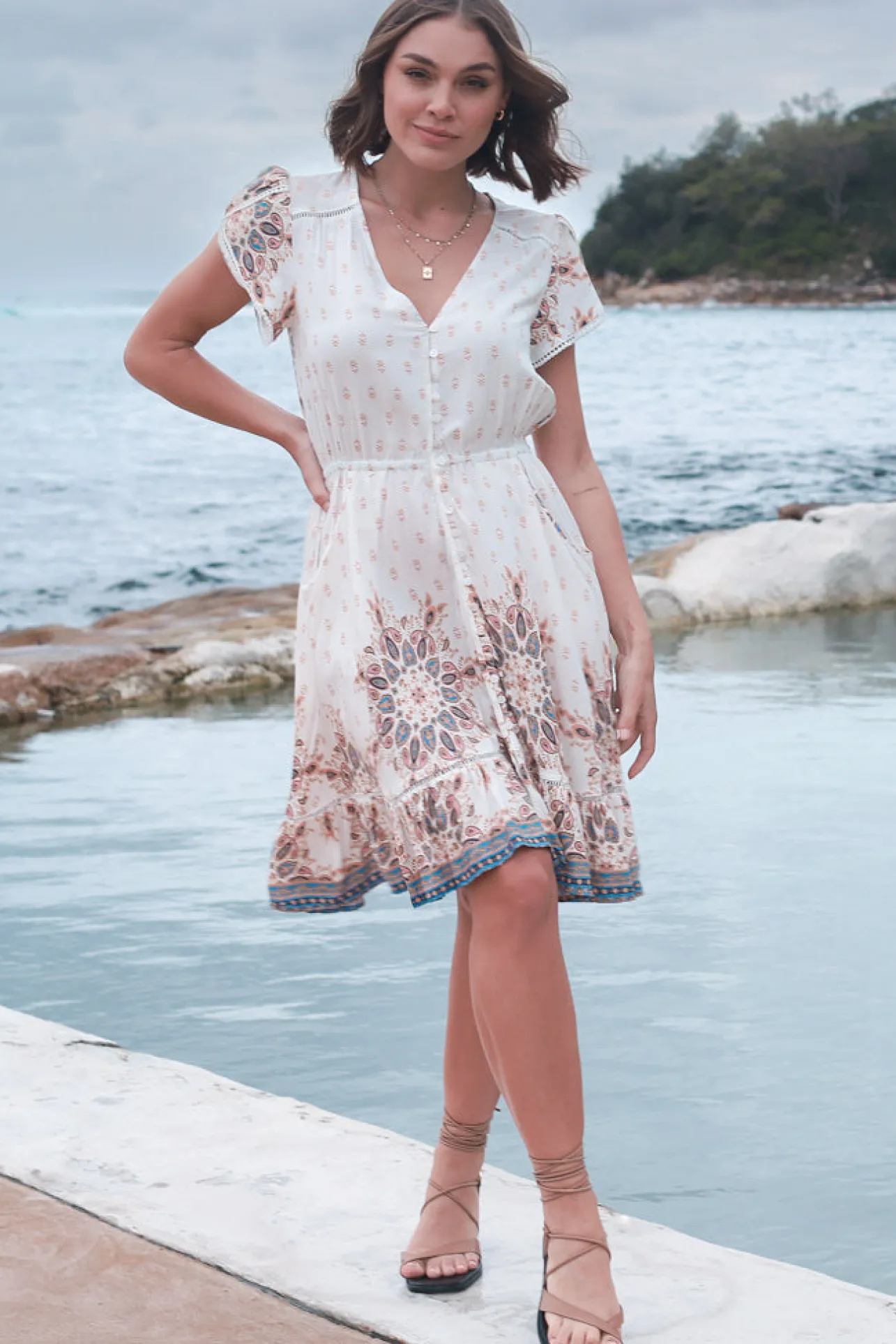 Lizzie Mini Dress - Butterfly Cap Sleeve Button Down Dress with Pockets in Gemstone Print>Jaase New