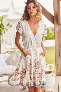 Lizzie Mini Dress - Butterfly Cap Sleeve Button Down Dress with Pockets in Gemstone Print><noscript><img width=