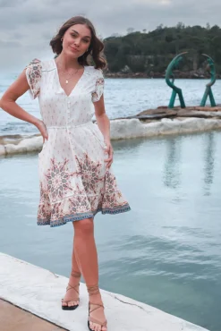 Lizzie Mini Dress - Butterfly Cap Sleeve Button Down Dress with Pockets in Gemstone Print><noscript><img width=