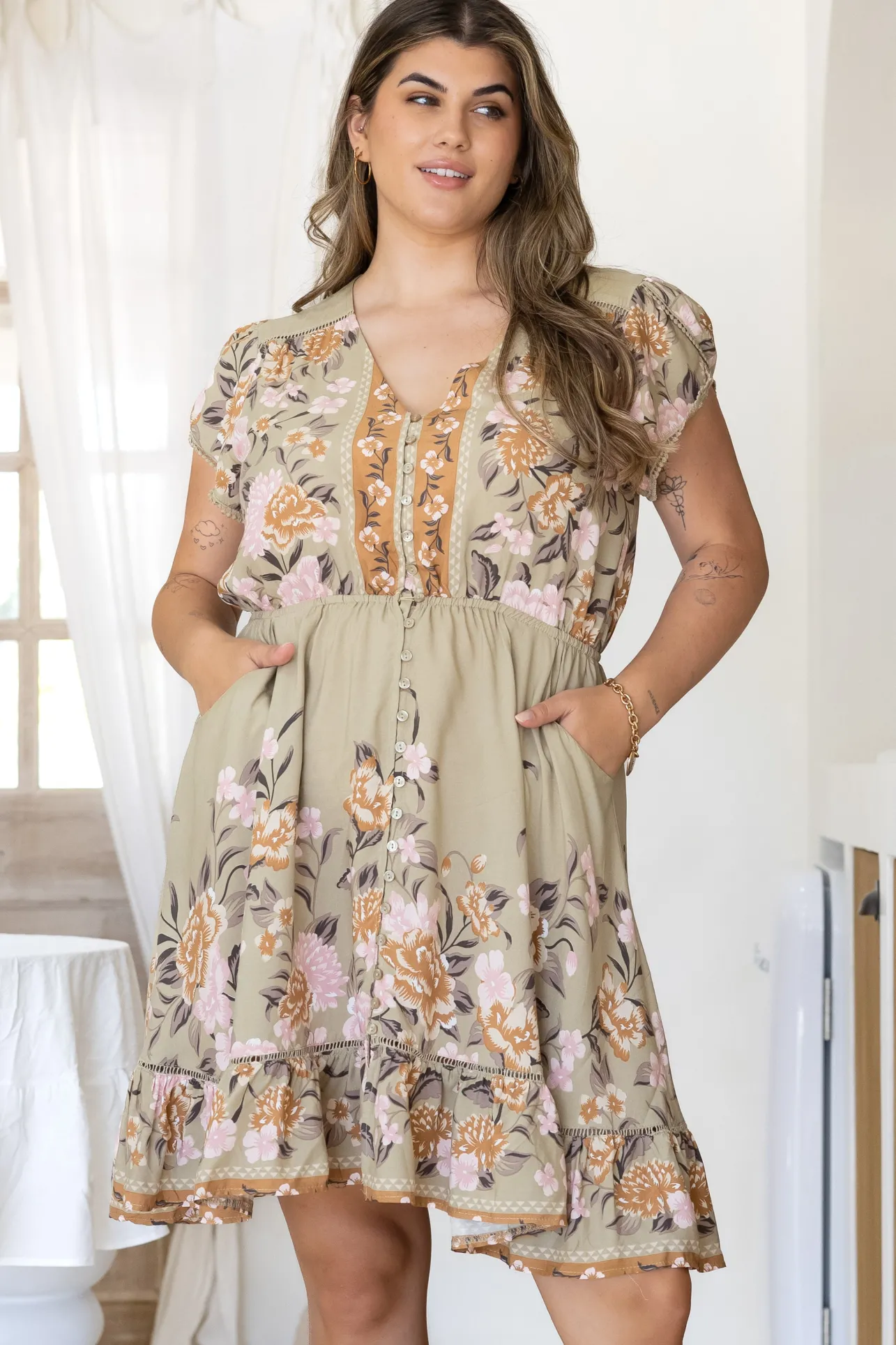 Lizzie Mini Dress - Butterfly Cap Sleeve Button Down Dress with Pockets in Adore You Print>Jaase