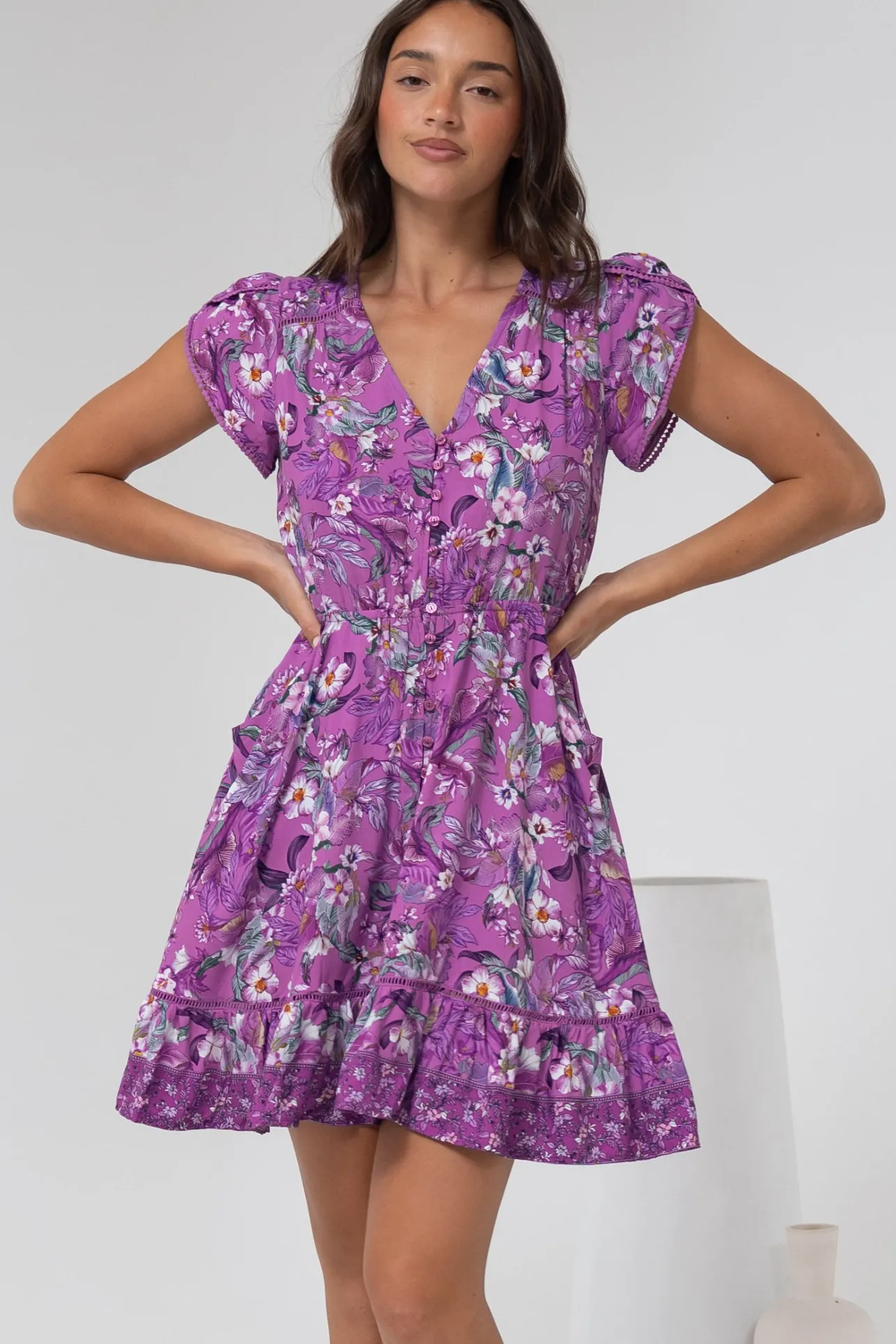 Lizzie Mini Dress - Butterfly Cap Sleeve Button Down Dress with Pockets in Rhodium Print>Jaase Sale