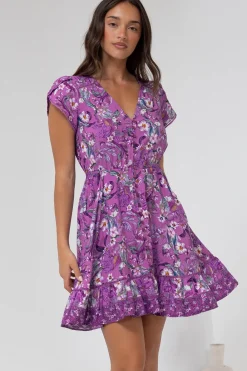 Lizzie Mini Dress - Butterfly Cap Sleeve Button Down Dress with Pockets in Rhodium Print>Jaase Sale