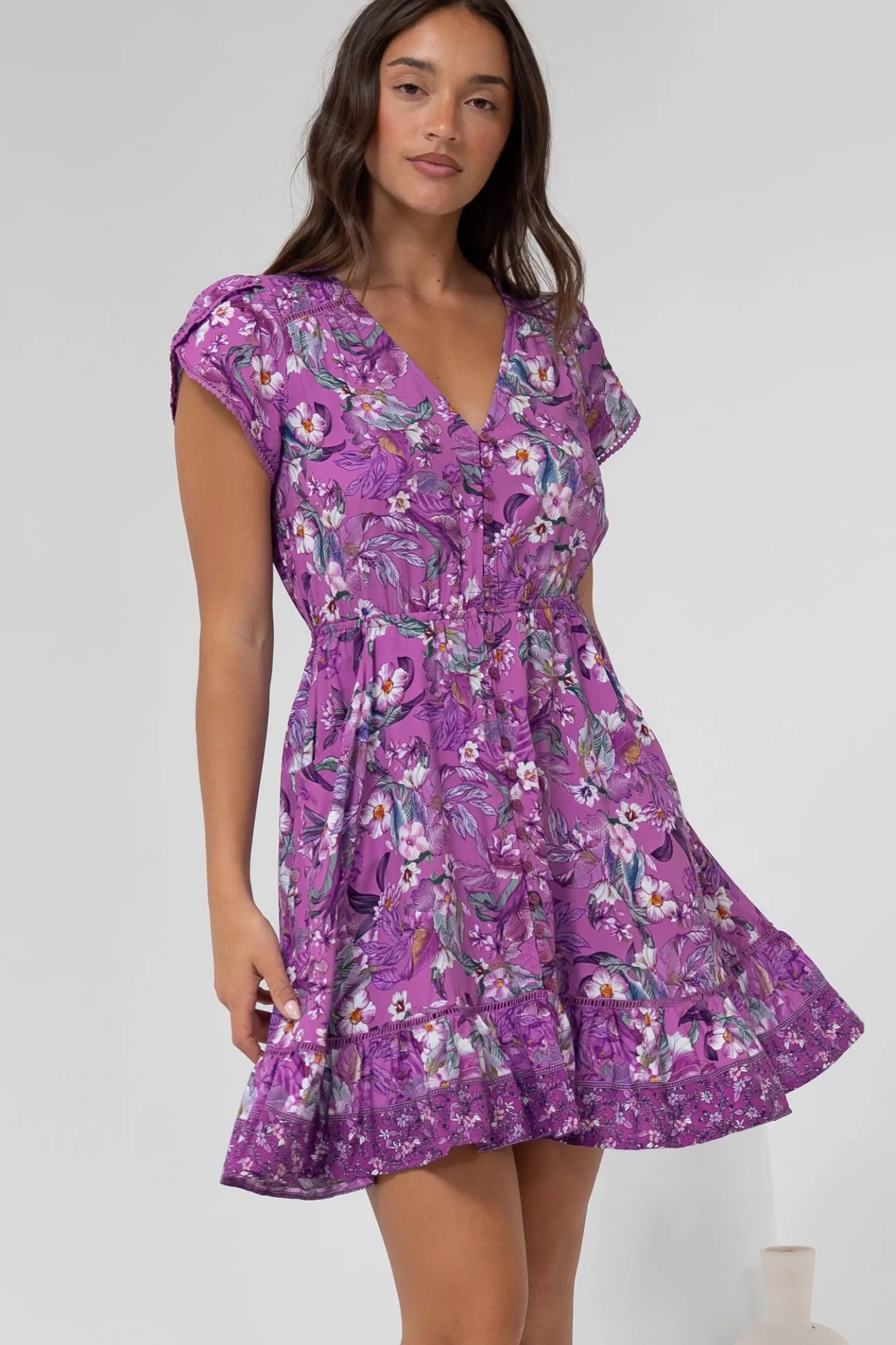 Lizzie Mini Dress - Butterfly Cap Sleeve Button Down Dress with Pockets in Rhodium Print>Jaase Sale