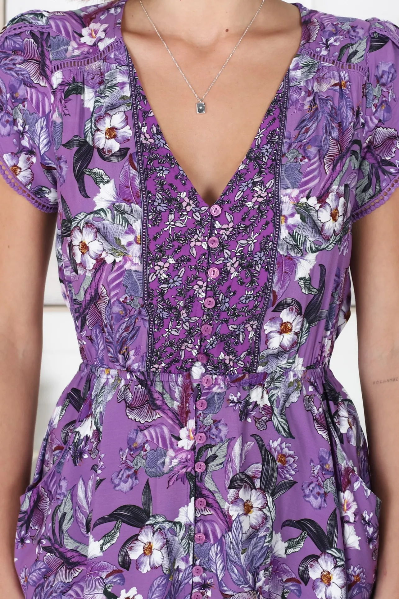 Lizzie Mini Dress - Butterfly Cap Sleeve Button Down Dress with Pockets in Rhodium Print>Jaase Sale