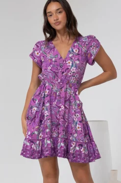 Lizzie Mini Dress - Butterfly Cap Sleeve Button Down Dress with Pockets in Rhodium Print><noscript><img width=