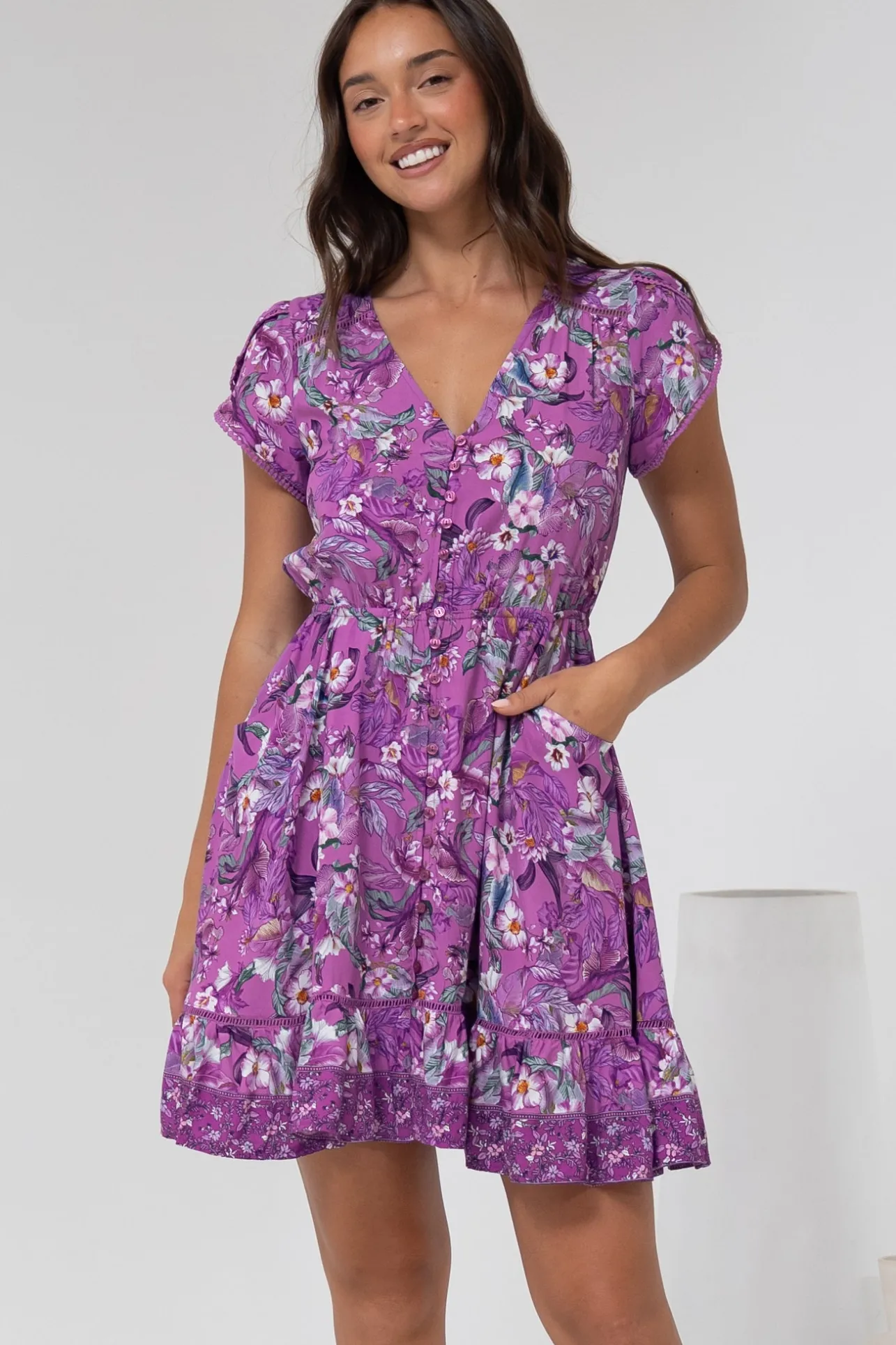 Lizzie Mini Dress - Butterfly Cap Sleeve Button Down Dress with Pockets in Rhodium Print>Jaase Sale