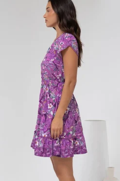 Lizzie Mini Dress - Butterfly Cap Sleeve Button Down Dress with Pockets in Rhodium Print><noscript><img width=