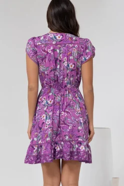 Lizzie Mini Dress - Butterfly Cap Sleeve Button Down Dress with Pockets in Rhodium Print><noscript><img width=