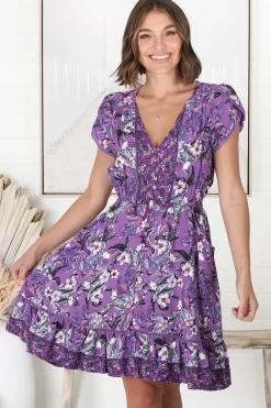 Lizzie Mini Dress - Butterfly Cap Sleeve Button Down Dress with Pockets in Rhodium Print><noscript><img width=