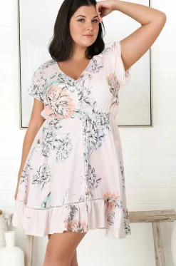 Lizzie Mini Dress - Butterfly Cap Sleeve Button Down Dress with Pockets in Blooming Bouquet Print>Jaase