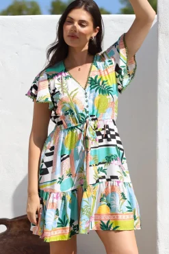 Loisa Mini Dress - Crochet Trim V Neck Dress with Cap Sleeves in Melora Print>Salty Crush New