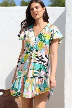 Loisa Mini Dress - Crochet Trim V Neck Dress with Cap Sleeves in Melora Print><noscript><img width=