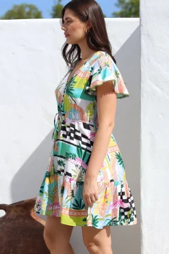 Loisa Mini Dress - Crochet Trim V Neck Dress with Cap Sleeves in Melora Print><noscript><img width=