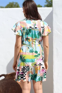 Loisa Mini Dress - Crochet Trim V Neck Dress with Cap Sleeves in Melora Print><noscript><img width=