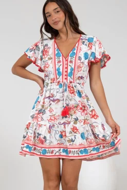 Loisa Mini Dress - Crochet Trim V Neck Dress with Cap Sleeves in Safia Print>Salty Crush Best