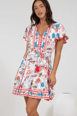 Loisa Mini Dress - Crochet Trim V Neck Dress with Cap Sleeves in Safia Print><noscript><img width=