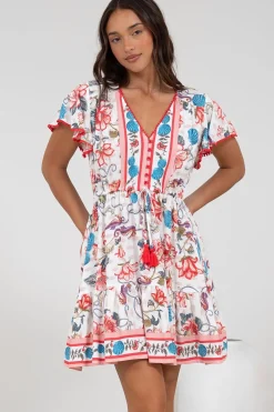 Loisa Mini Dress - Crochet Trim V Neck Dress with Cap Sleeves in Safia Print><noscript><img width=