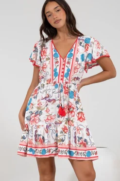 Loisa Mini Dress - Crochet Trim V Neck Dress with Cap Sleeves in Safia Print><noscript><img width=