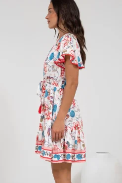 Loisa Mini Dress - Crochet Trim V Neck Dress with Cap Sleeves in Safia Print><noscript><img width=