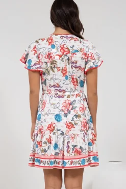 Loisa Mini Dress - Crochet Trim V Neck Dress with Cap Sleeves in Safia Print><noscript><img width=