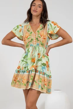 Loisa Mini Dress - Crochet Trim V Neck Dress with Cap Sleeves in Noriko Print>Salty Crush Best