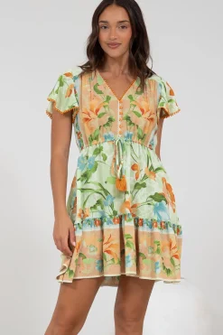 Loisa Mini Dress - Crochet Trim V Neck Dress with Cap Sleeves in Noriko Print>Salty Crush Best