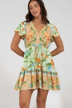 Loisa Mini Dress - Crochet Trim V Neck Dress with Cap Sleeves in Noriko Print><noscript><img width=