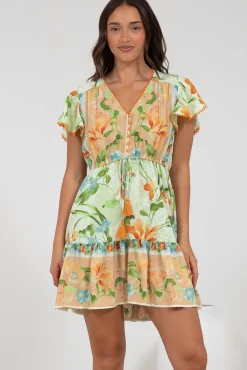 Loisa Mini Dress - Crochet Trim V Neck Dress with Cap Sleeves in Noriko Print><noscript><img width=