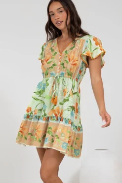 Loisa Mini Dress - Crochet Trim V Neck Dress with Cap Sleeves in Noriko Print><noscript><img width=