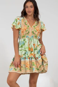 Loisa Mini Dress - Crochet Trim V Neck Dress with Cap Sleeves in Noriko Print><noscript><img width=