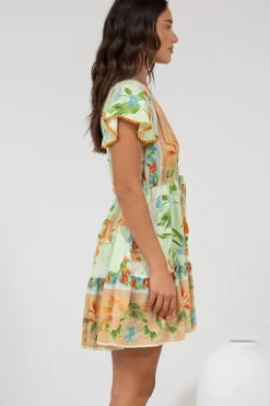 Loisa Mini Dress - Crochet Trim V Neck Dress with Cap Sleeves in Noriko Print><noscript><img width=