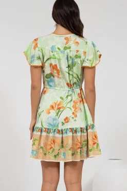 Loisa Mini Dress - Crochet Trim V Neck Dress with Cap Sleeves in Noriko Print><noscript><img width=
