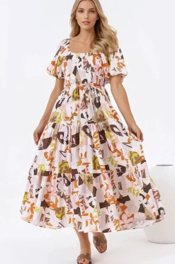 Lolitta Midi Dress - On or Off Shoulder Elasticated Bodice Dress in Irisa Print>Salty Crush