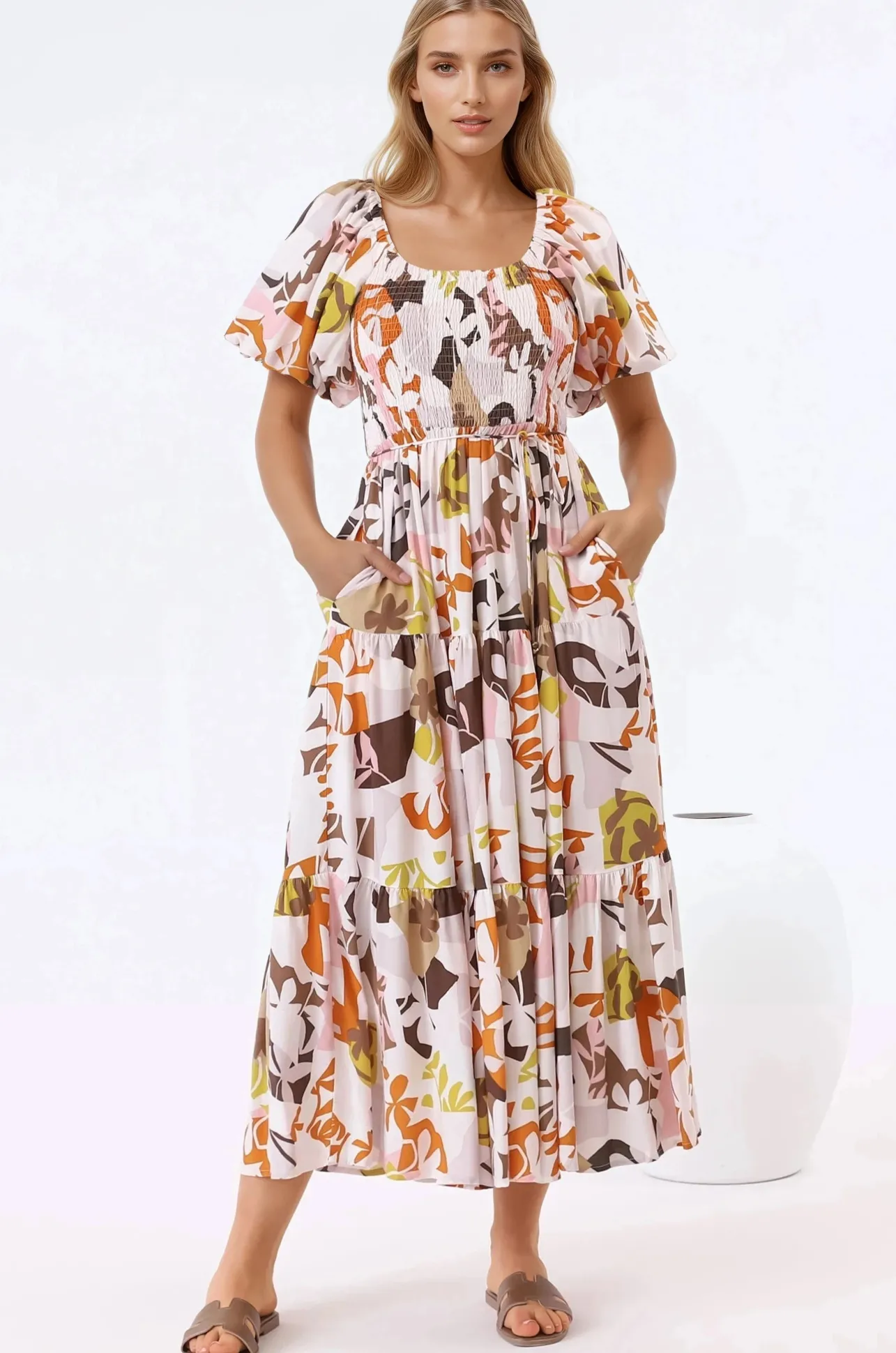 Lolitta Midi Dress - On or Off Shoulder Elasticated Bodice Dress in Irisa Print>Salty Crush