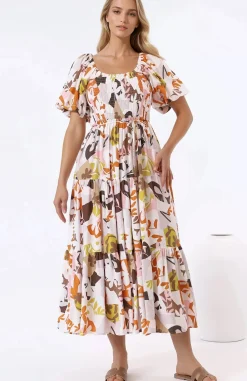 Lolitta Midi Dress - On or Off Shoulder Elasticated Bodice Dress in Irisa Print><noscript><img width=