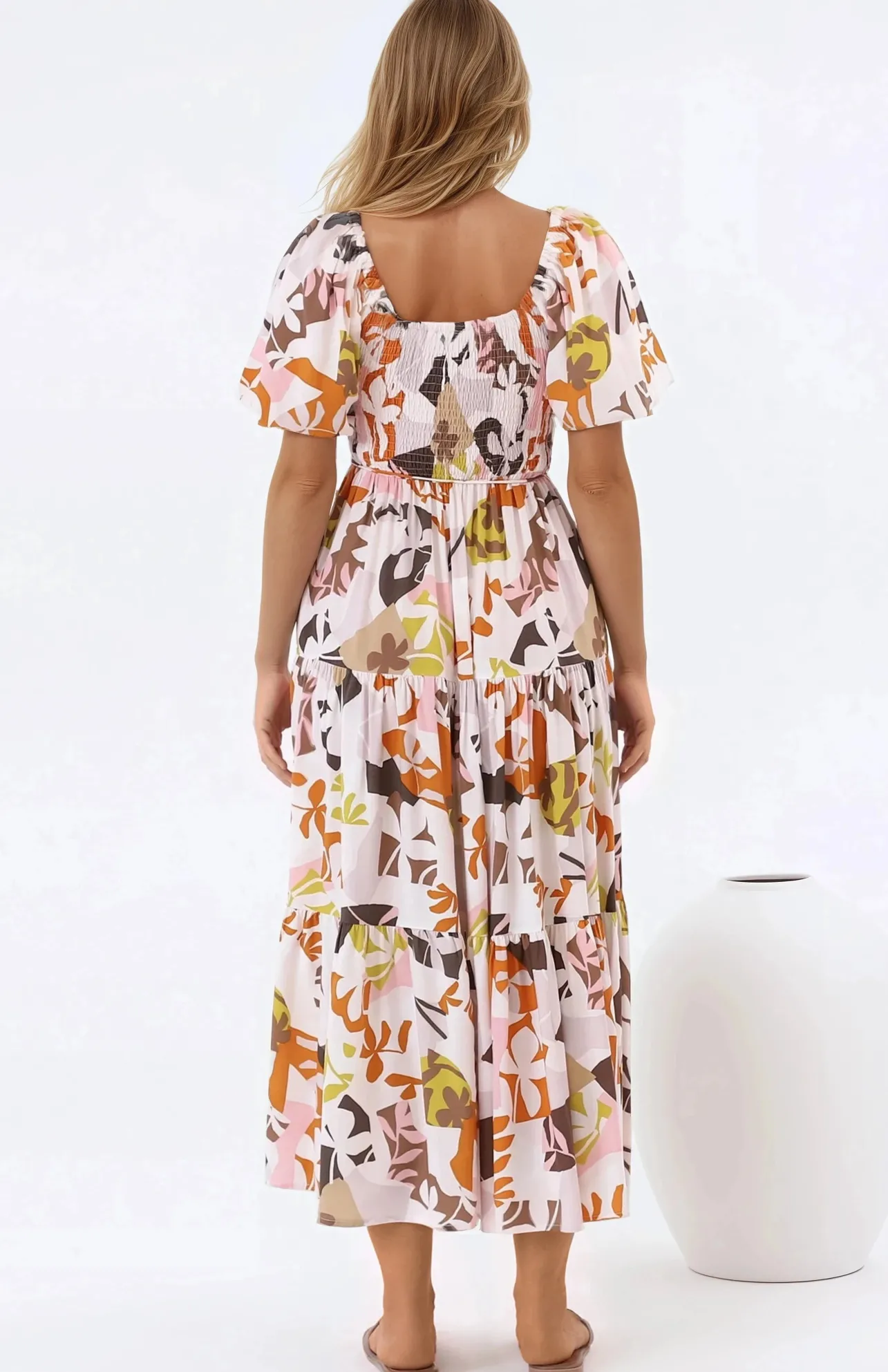 Lolitta Midi Dress - On or Off Shoulder Elasticated Bodice Dress in Irisa Print>Salty Crush