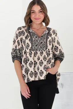 Loma Blouse - Pull Over Balloon Sleeve Smock in Aida Print Cream><noscript><img width=