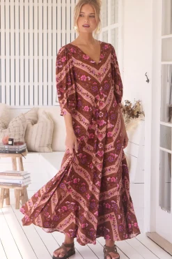 London Maxi Dress - Balloon Sleeve Shift Dress in Savanna Print><noscript><img width=