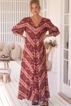 London Maxi Dress - Balloon Sleeve Shift Dress in Savanna Print><noscript><img width=