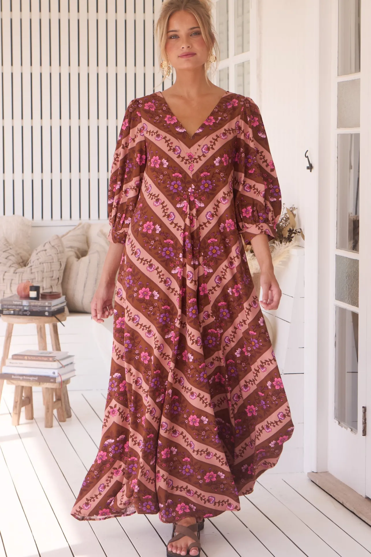 London Maxi Dress - Balloon Sleeve Shift Dress in Savanna Print>Jaase Outlet