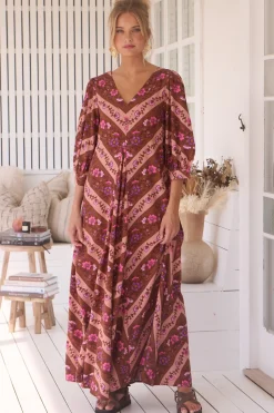 London Maxi Dress - Balloon Sleeve Shift Dress in Savanna Print><noscript><img width=