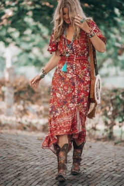 London Maxi Dress - Elasticated Waist Button Detail High Low Dress with Flutter Cap Sleeves in Floral Print><noscript><img width=