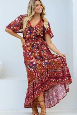 London Maxi Dress - Elasticated Waist Button Detail High Low Dress with Flutter Cap Sleeves in Floral Print><noscript><img width=